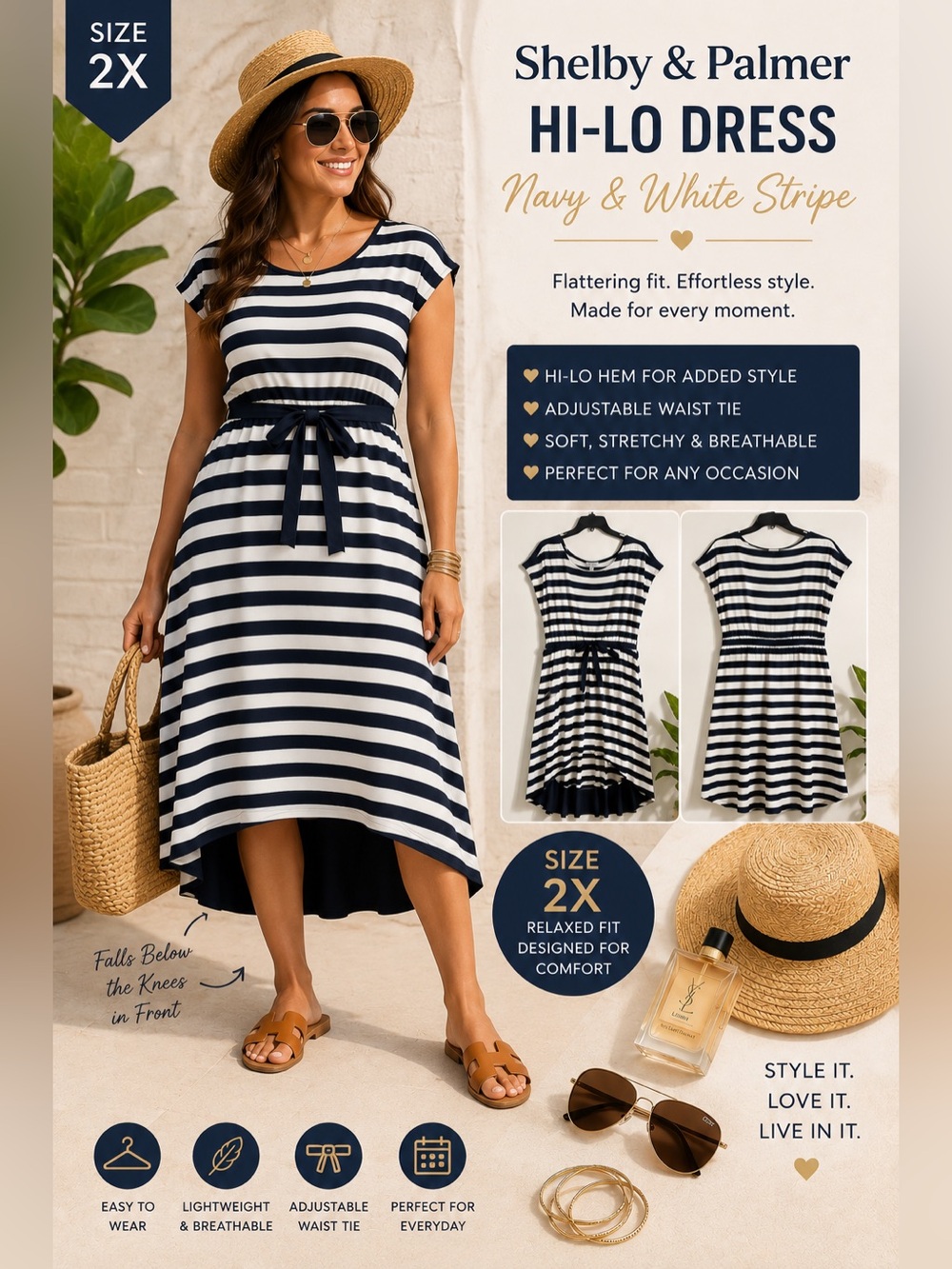 Navy and White Striped A Line Hi-Lo Hem Dress With Tie Waist Sz 2XL